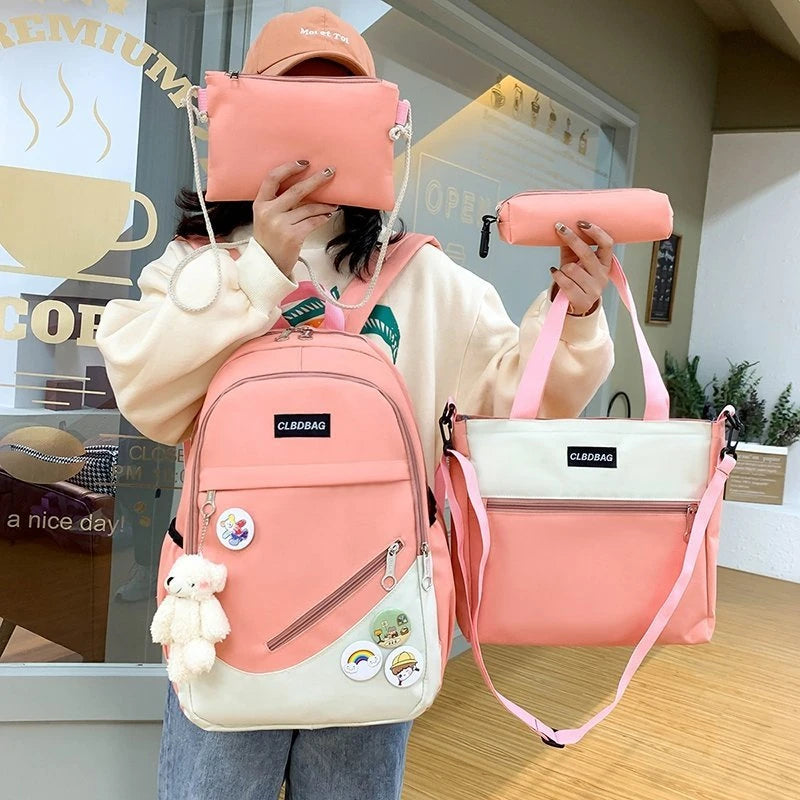 4-piece Canvas Backpack For Teenagers Women Solid Laptop Backpack