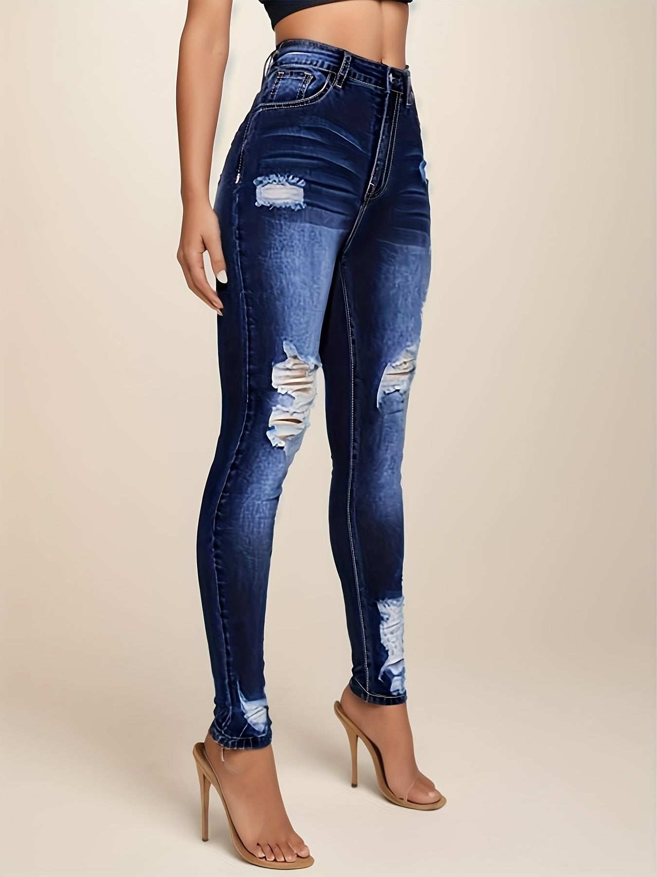 Dark Wash Skinny Jeans High Rise Stretchy Distressed Pants