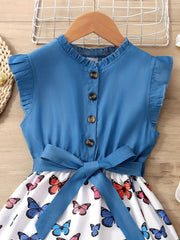 Girls Sleeveless Ruffle Denim Leopard Print Princess Dress