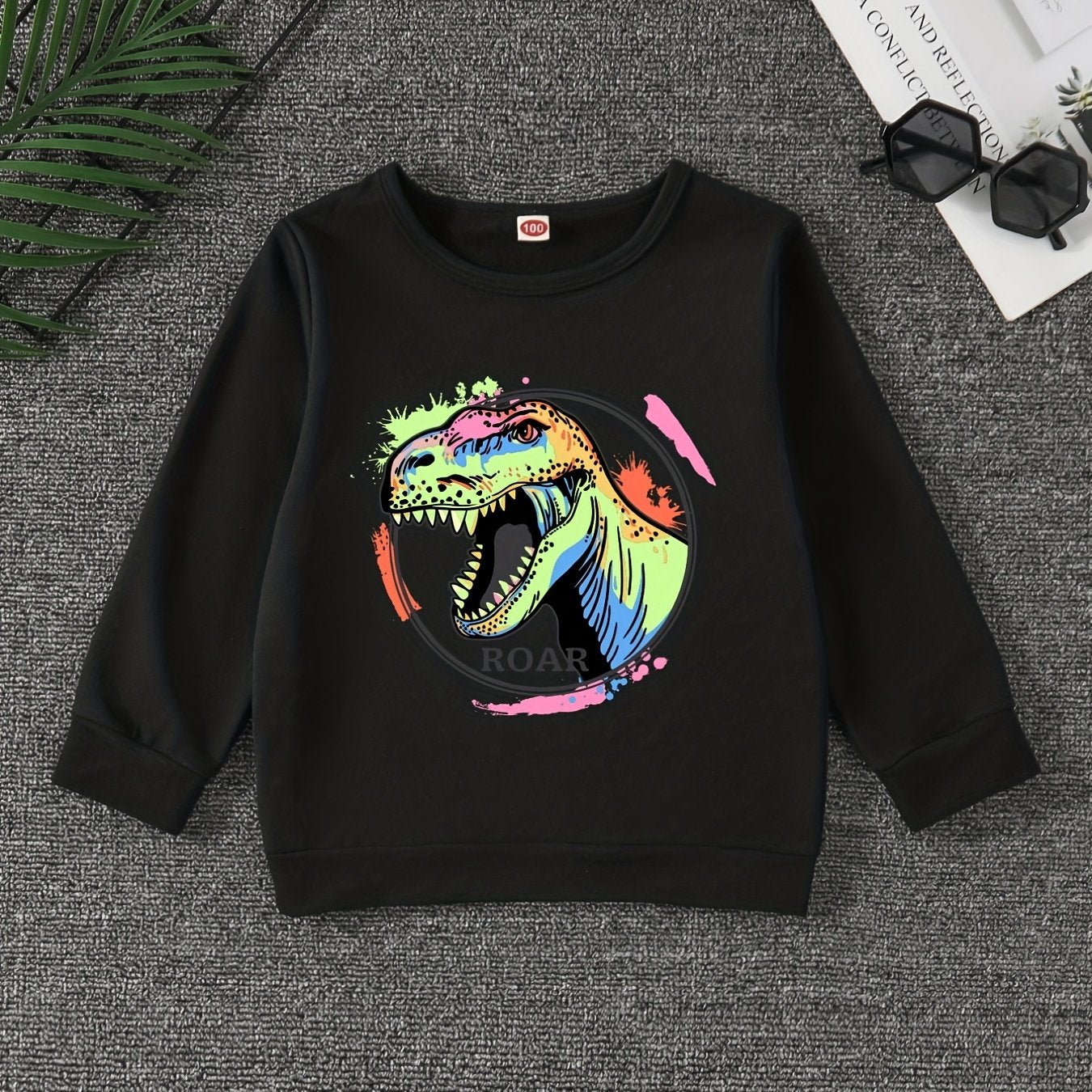 Dinosaur Print Boys Casual Pullover Sweatshirt Long Sleeve Crew Neck Tops
