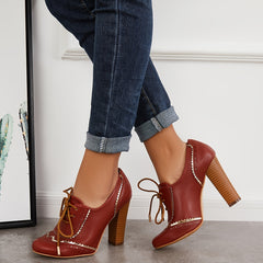 Women's Lace-up Chunky High Heels Faux Leather Retro Round Toe Stacked Pumps