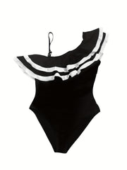  Sexy Swimsuit Women's Plus Contrast Trim Layered Ruffle