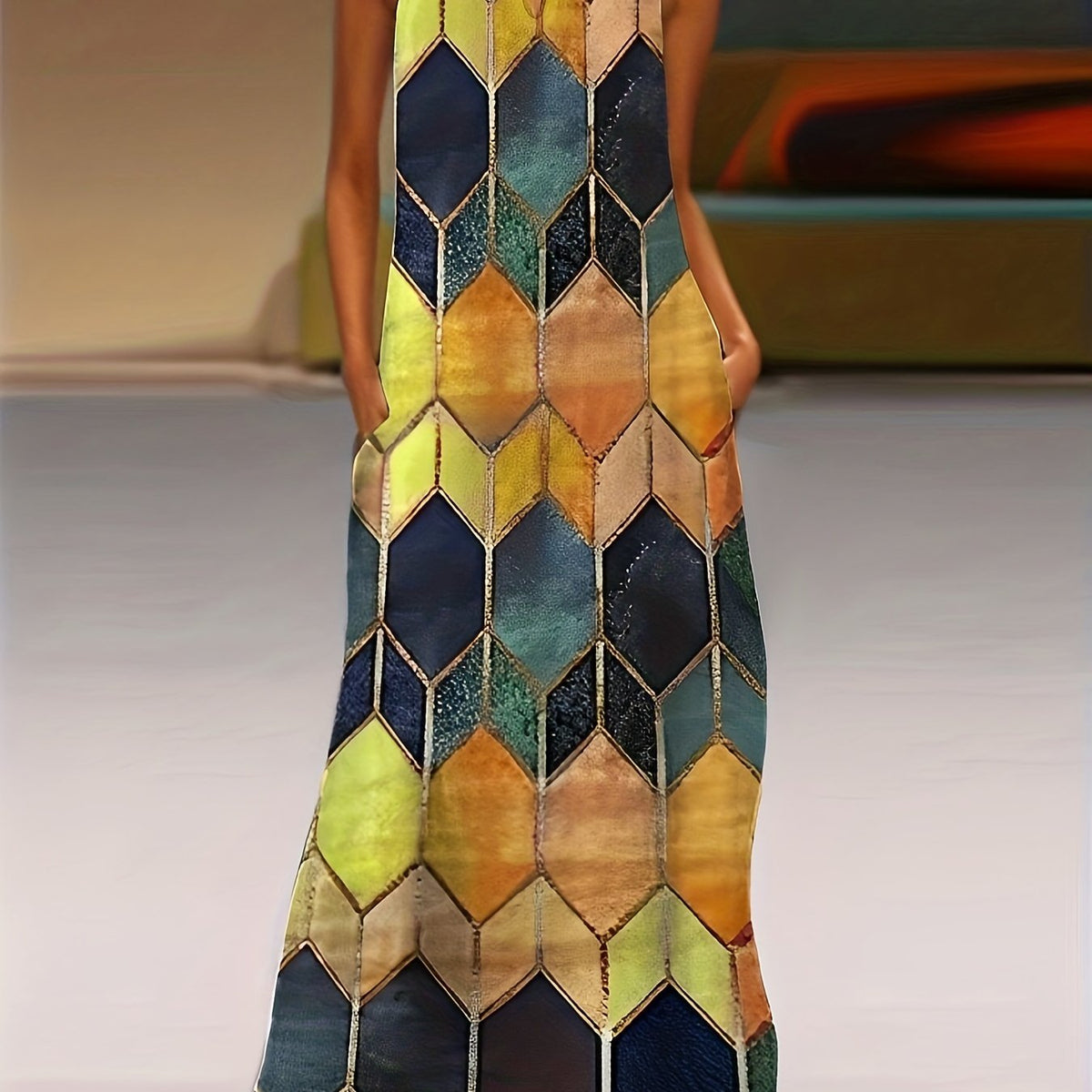  Geometric Print Tank Dress with Pockets