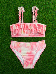 Girl's Tie Dye Bikini Set Ruffle Decor Sequin Cami Top & Briefs
