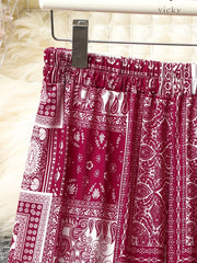 Random Print High Rise Plus Size Casual Pants
