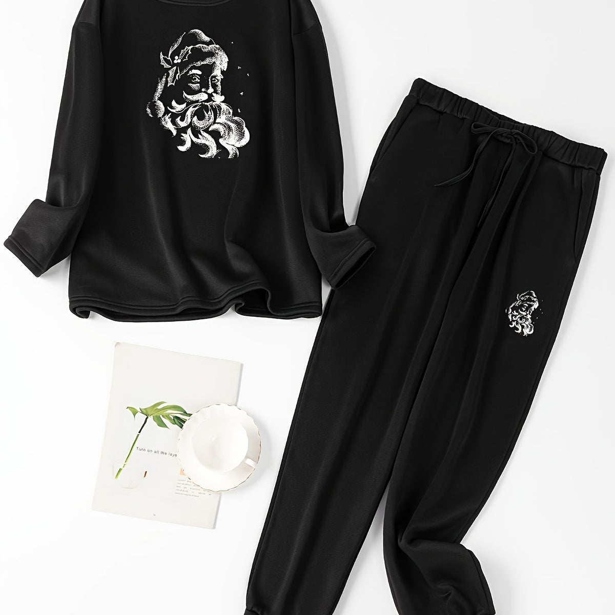  Christmas Lounge Set Women's Santa Fleece Top & Joggers Pajamas