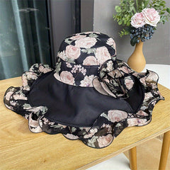 Flower Printed Ruffles Sun Hat Wide Brim UV Protection Bucket Hat