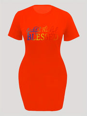  Casual Dress Women's Plus Slogan Print Short Sleeve Round Neck Dress