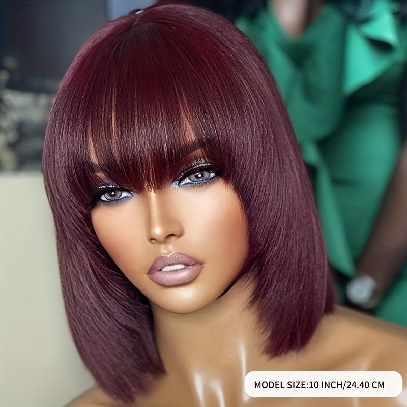 Burgundy Short Bob Wig with Bangs, Brazilian Human Hair, No Lace 180 Density