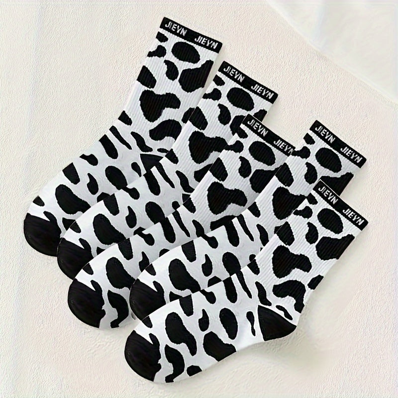 5 Pairs Cow Spot Print Socks Women's Mid Tube Stockings