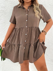  Stripe Print Button Up Casual Shirt Dress