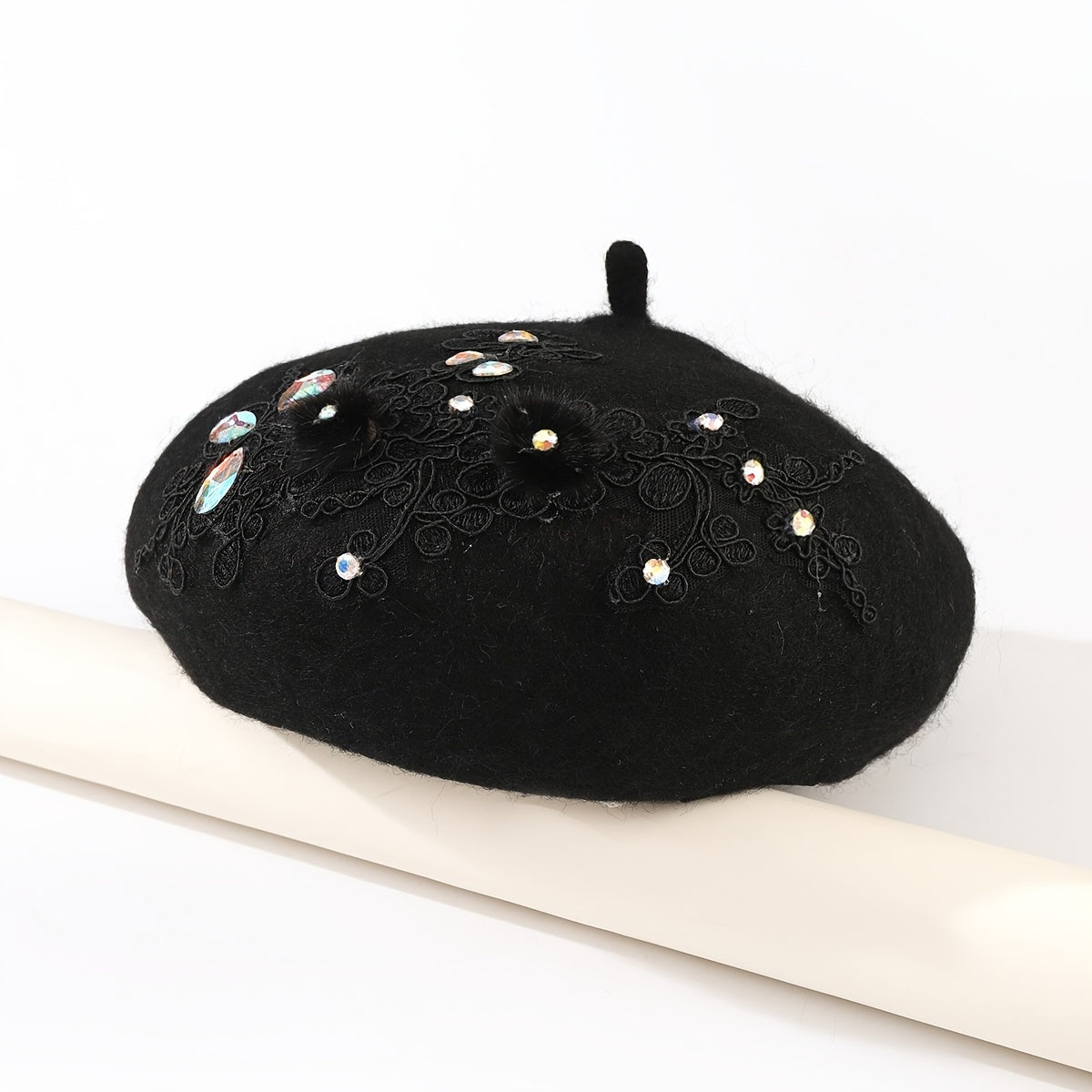Rhinestone Flower Woolen Beret Hat for Women Girls