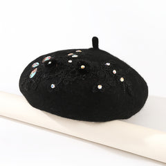 Rhinestone Flower Woolen Beret Hat for Women Girls