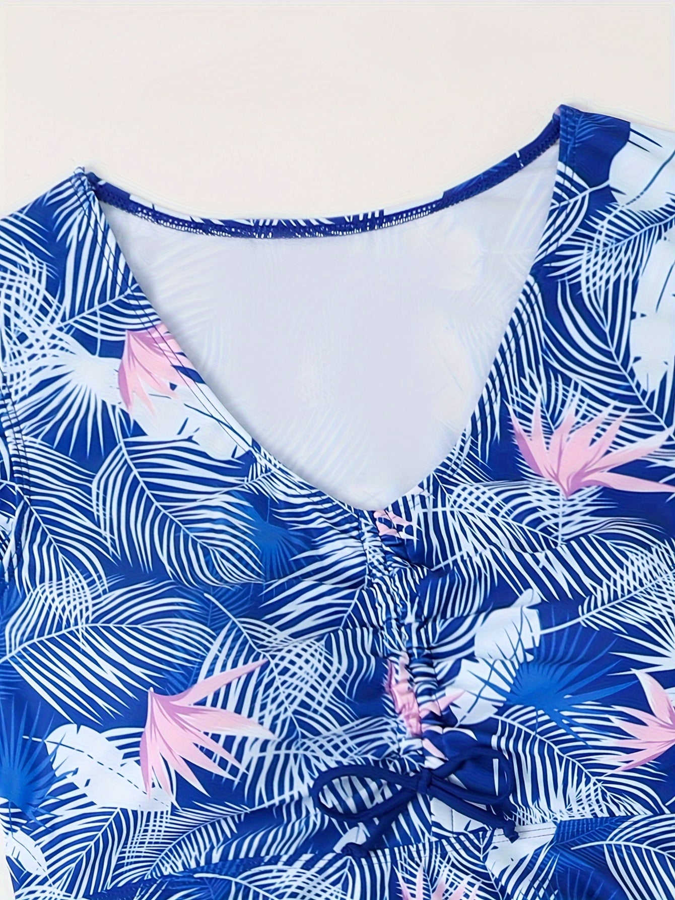  Boho Tankini Set Tropical Print Ruffle Sleeve V Neck Lace Top & Shorts