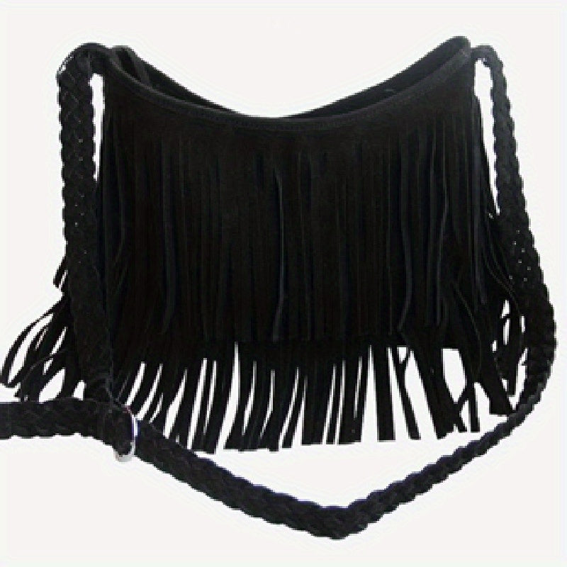 Fringe Solid Shoulder Bag Braided Strap Suede Stylish Crossbody Bag Zipper