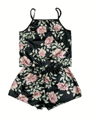 Floral Print Pajama Set Satin Cami Top & Shorts