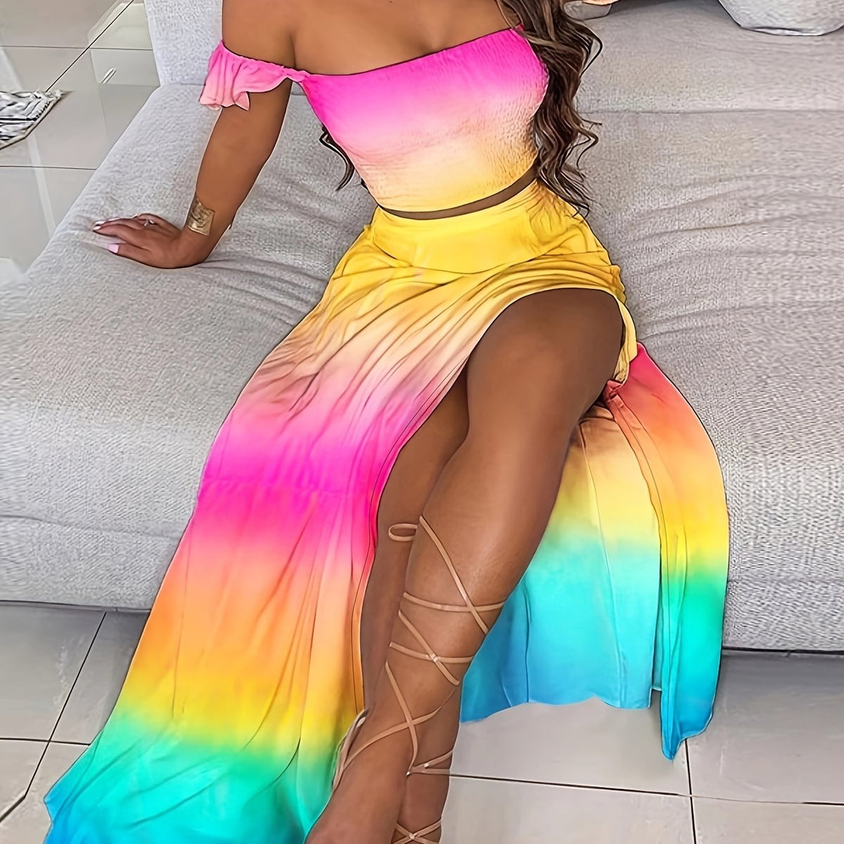 Gradient Sext Two piece Set Shirred Off Shoulder Tops & High Waist Maxi Skirts