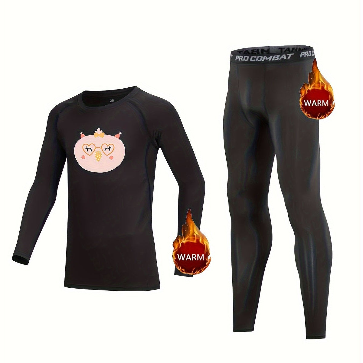2pcs Kids Fleece Lined Warm Compression Set Cartoon Print Tops & Pants