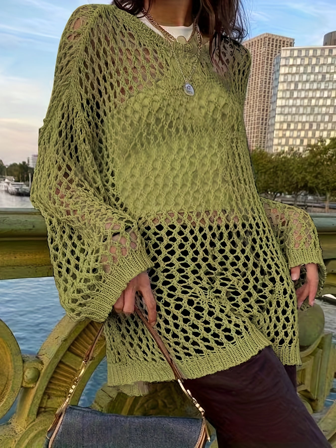 Crochet Cover Up Knitted Top Long Sleeve Sweater For Spring & Summer