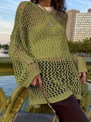Crochet Cover Up Knitted Top Long Sleeve Sweater For Spring & Summer