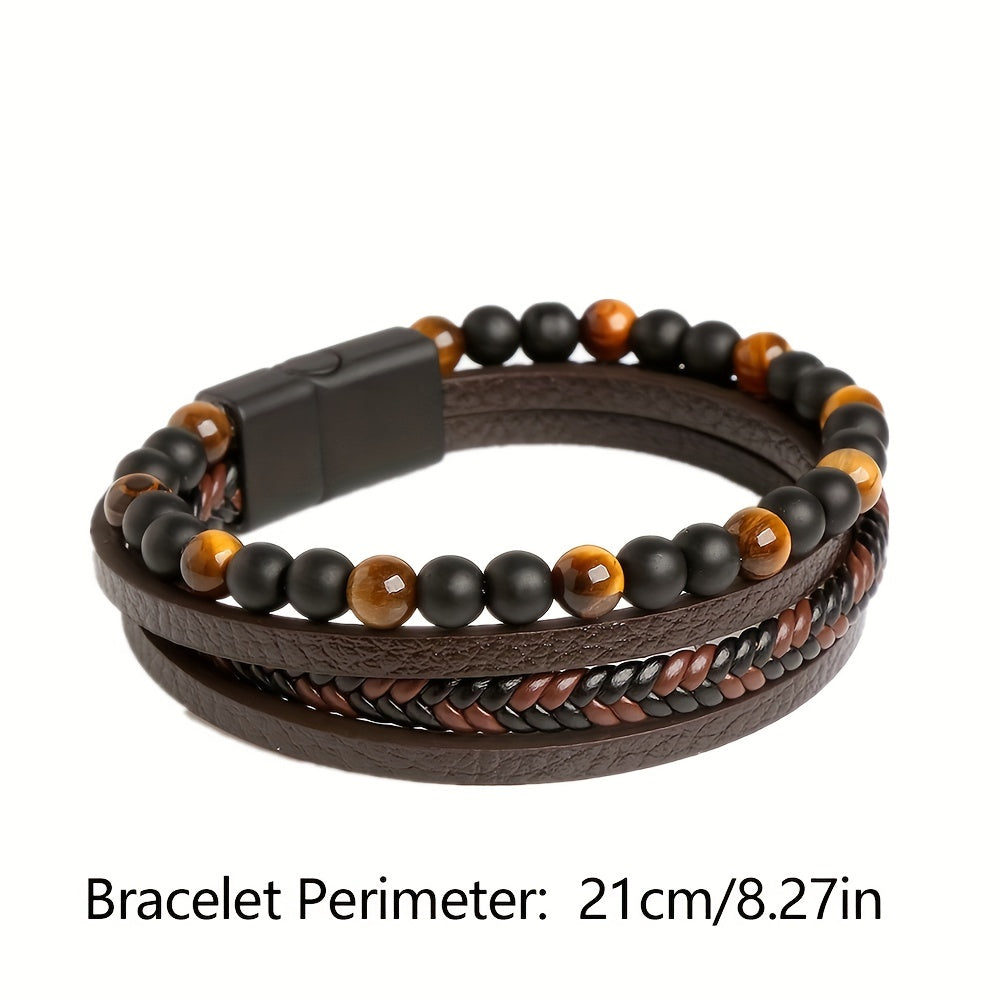 Layered Braided Leather Bracelet Tiger Eyestone Beaded Punk Accessory