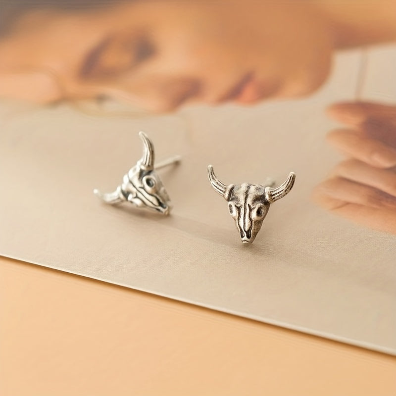 Silver Gray Goat Skull Stud Earrings Punk Alloy Earrings