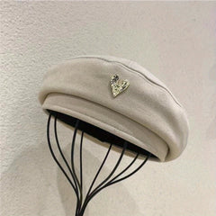 Metal Heart Label Beret Solid Beret Cap