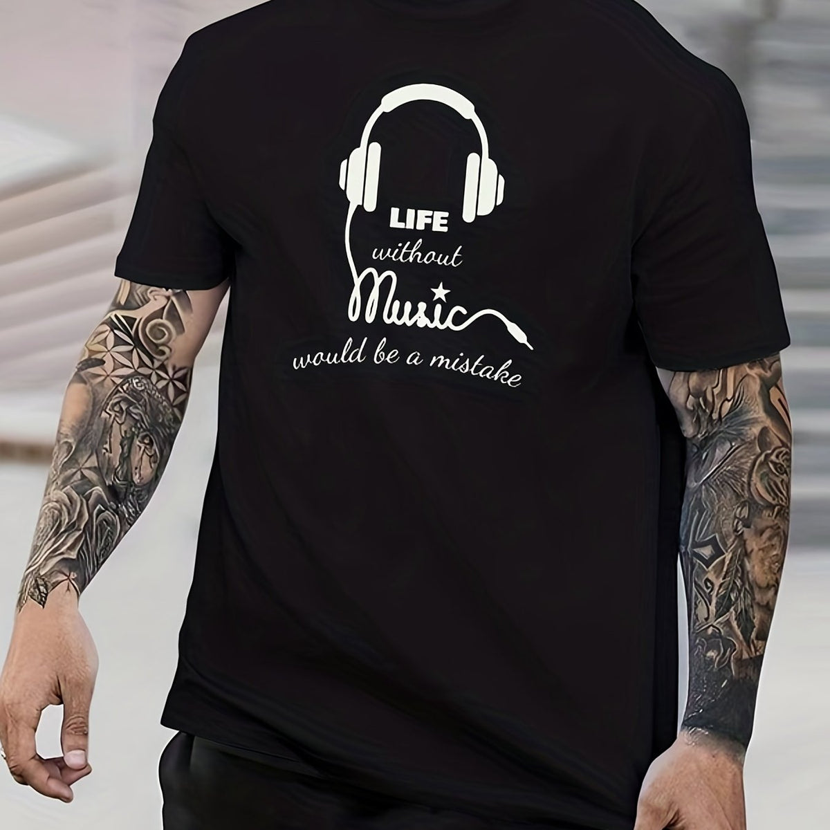 Headphone Smile Print Men's Graphic Crew Neck T-Shirt for Summer