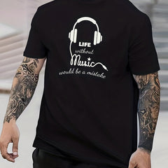 Headphone Smile Print Men's Graphic Crew Neck T-Shirt for Summer