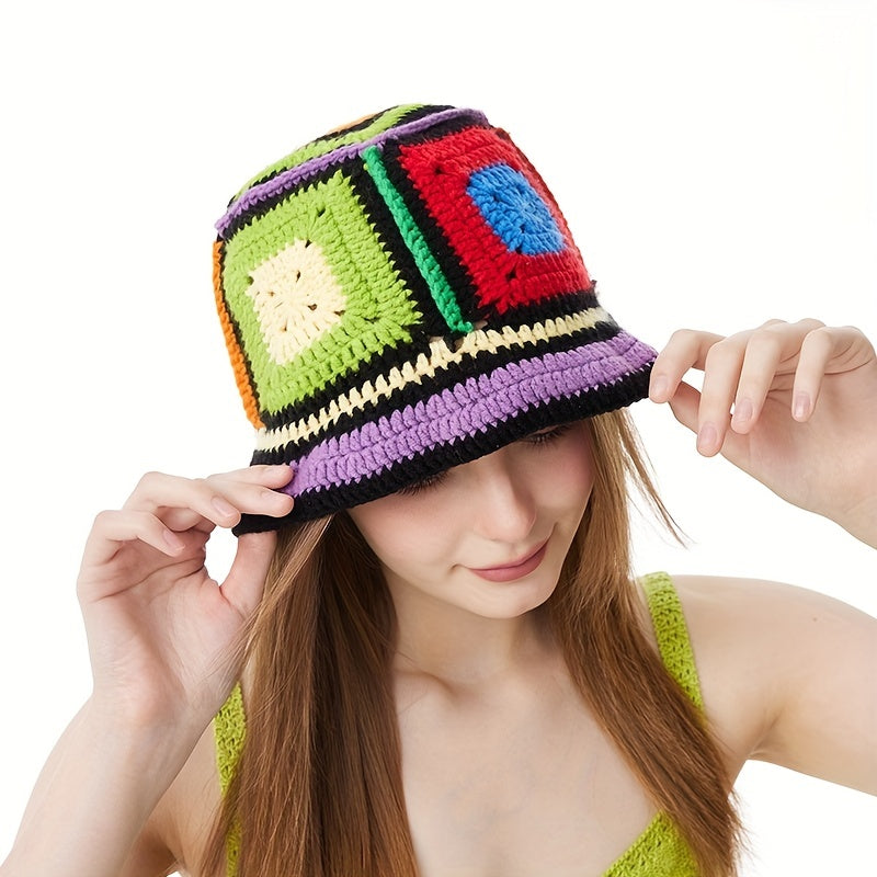 Classic Block Bucket Hats Hollow Crochet Cloche Hats Vintage Beanie