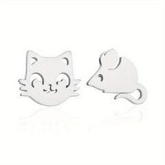 Stainless Steel Cat And Mouse Stud Earrings