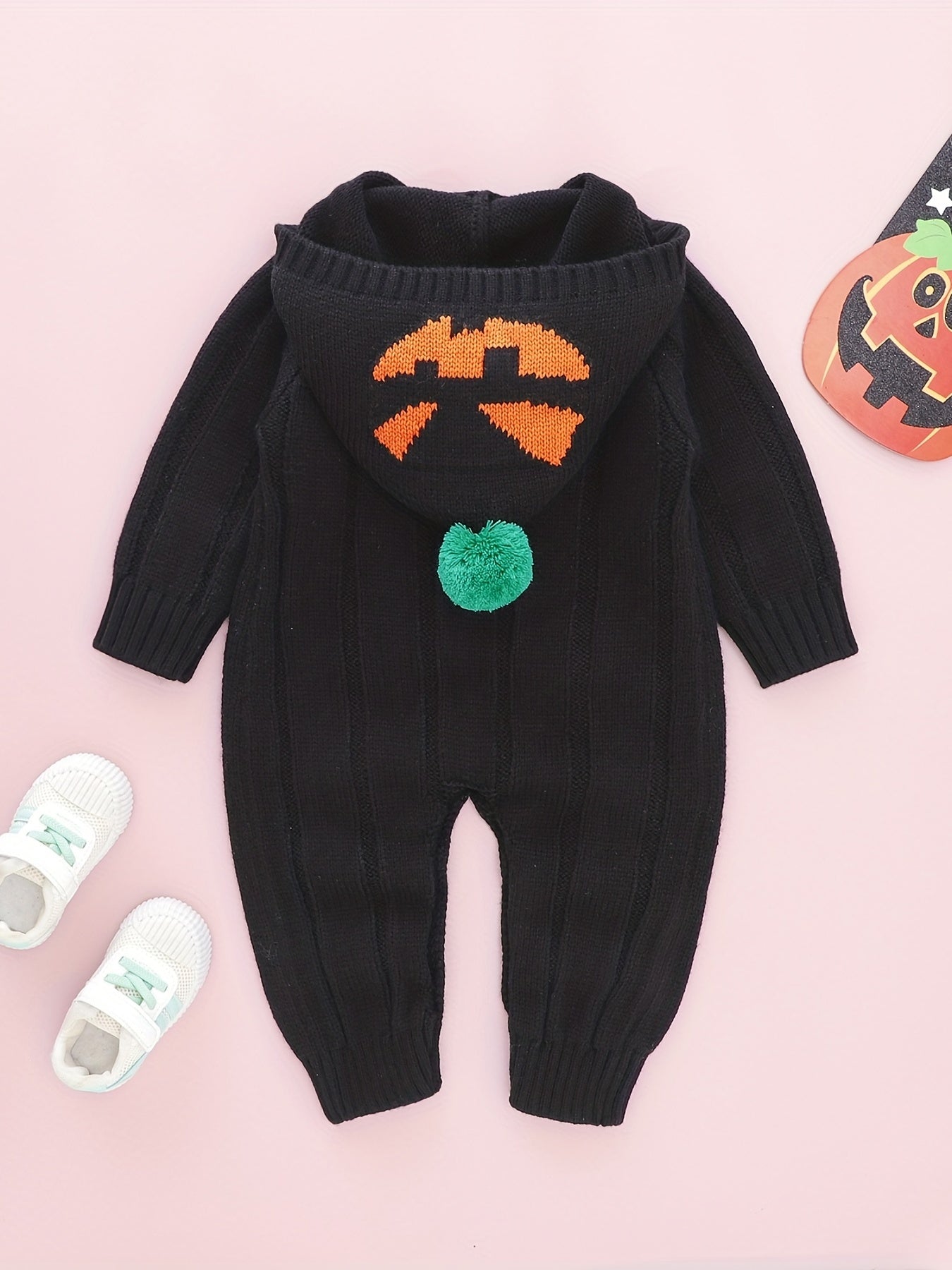 Baby Pumpkin Pattern Sweater Knit Bodysuit Halloween Party Hooded Romper