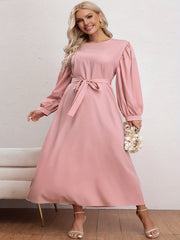 Women's Plus Solid Lantern Sleeve Round Neck Maxi Dress With Belt