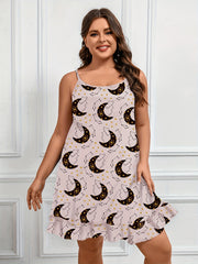  Heart Moon Print Nightdress Round Neck Ruffle Trim