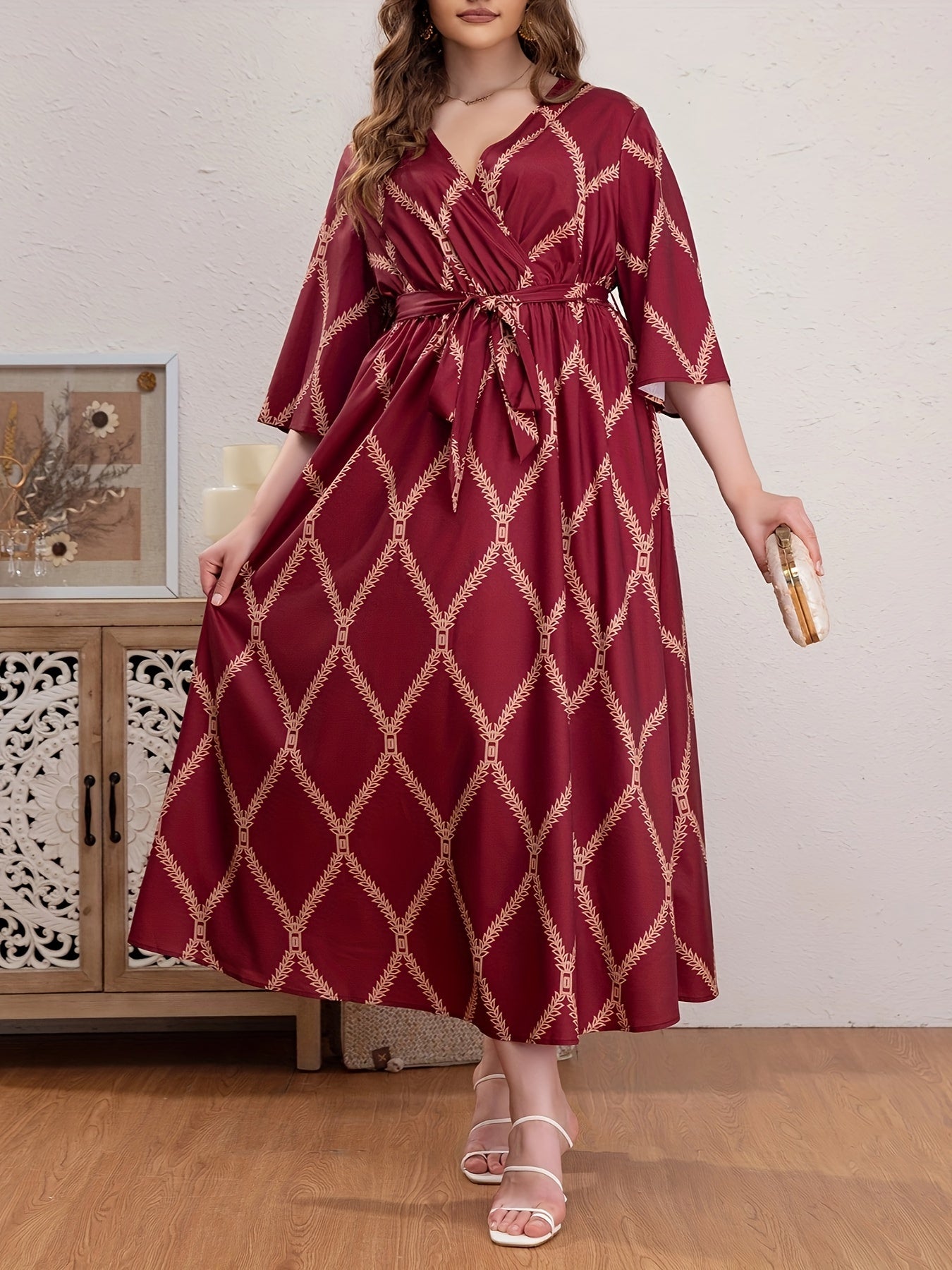  Boho Abaya Dress Women's Plus Argyle Print Three Quarter Sleeve