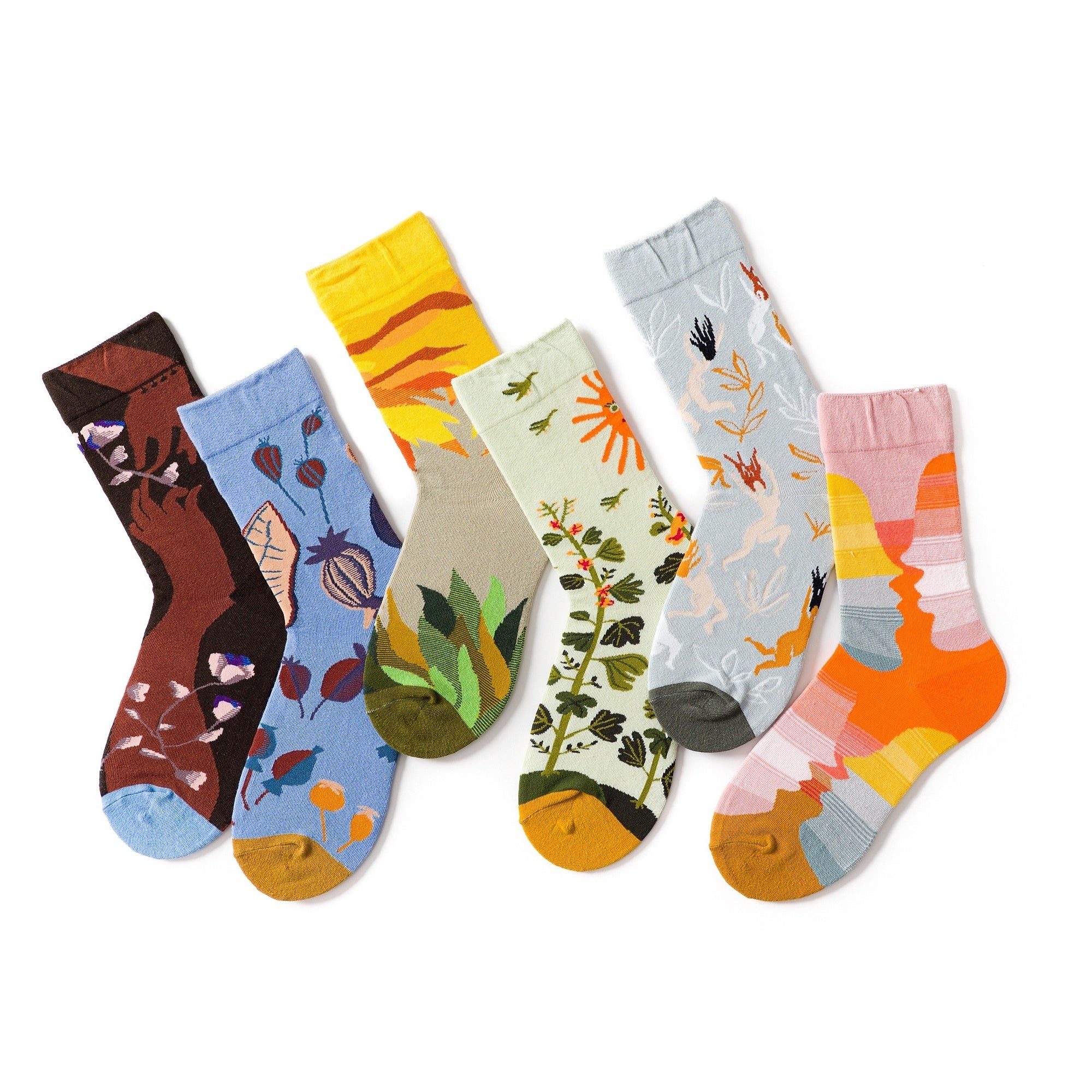 6 Pairs Floral Print Socks Colorblock Crew Socks Women's Stockings