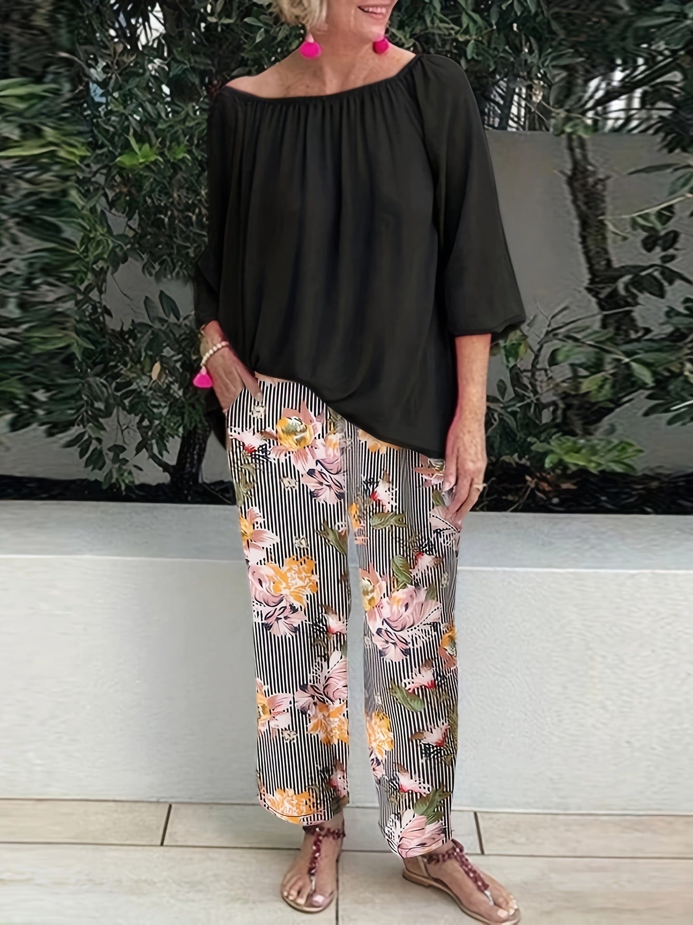  Boat Neck Top & Floral Print Pants Set