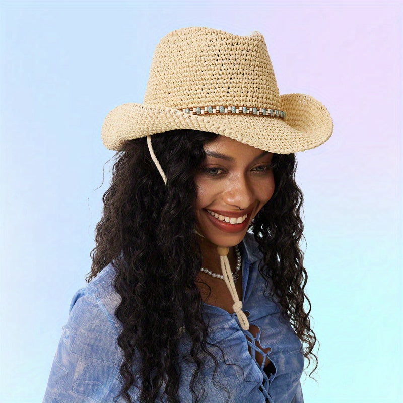 Boho Crochet Sun Hat Beaded Bowknot Hollow Out Straw Cowboy Hat