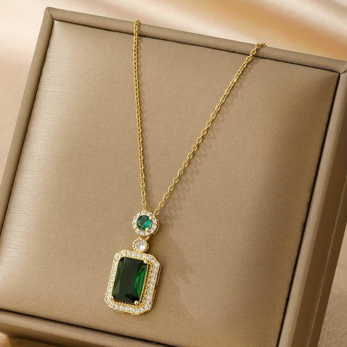 Men's Stainless Steel Rhinestone Necklace Emerald Zircon Gift