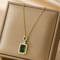 Men's Stainless Steel Rhinestone Necklace Emerald Zircon Gift