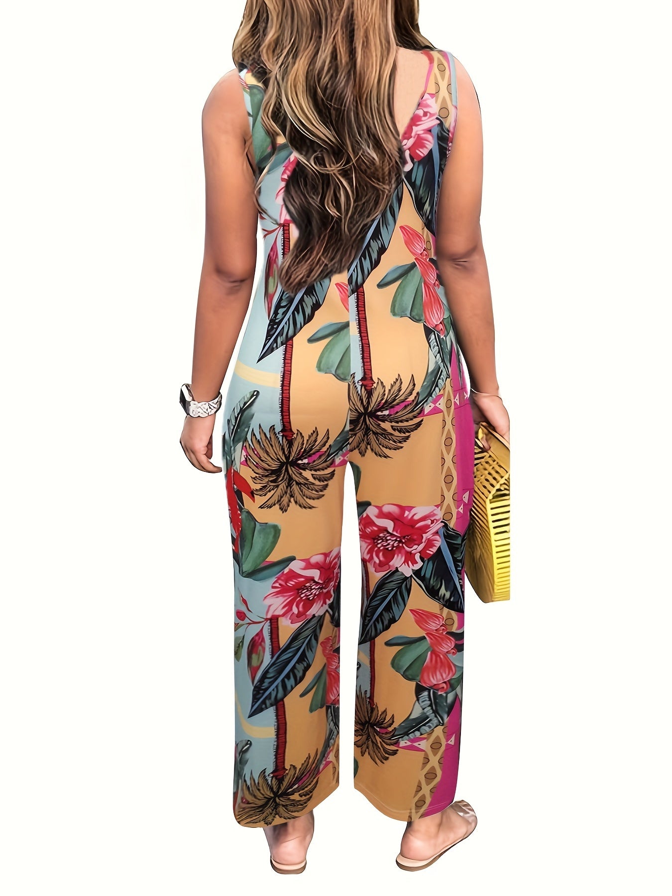 Floral Print Wide Leg Jumpsuit Boho Sleeveless Jumpsuit