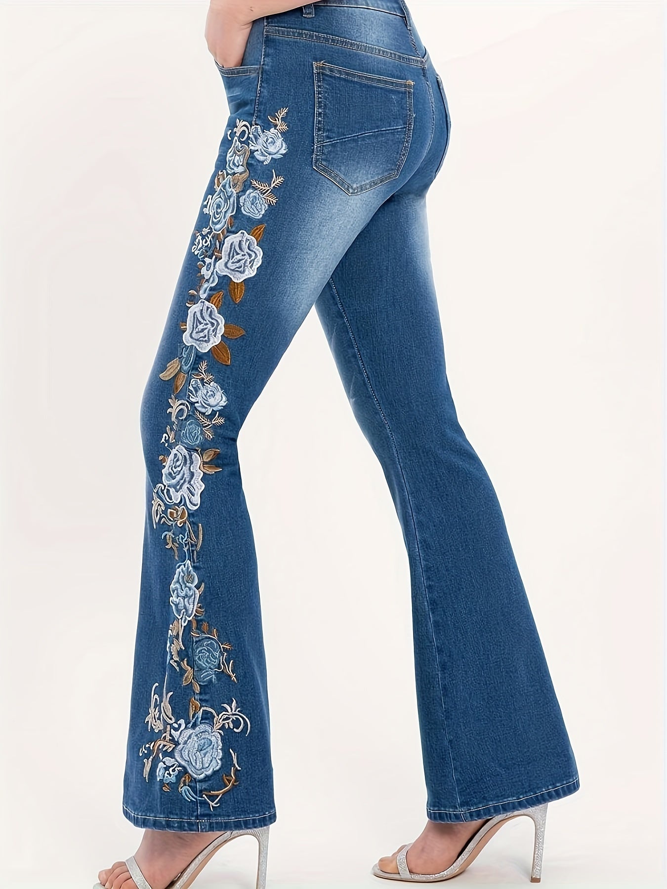  Floral Embroidery High Rise Flared Leg Jeans