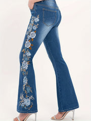  Floral Embroidery High Rise Flared Leg Jeans