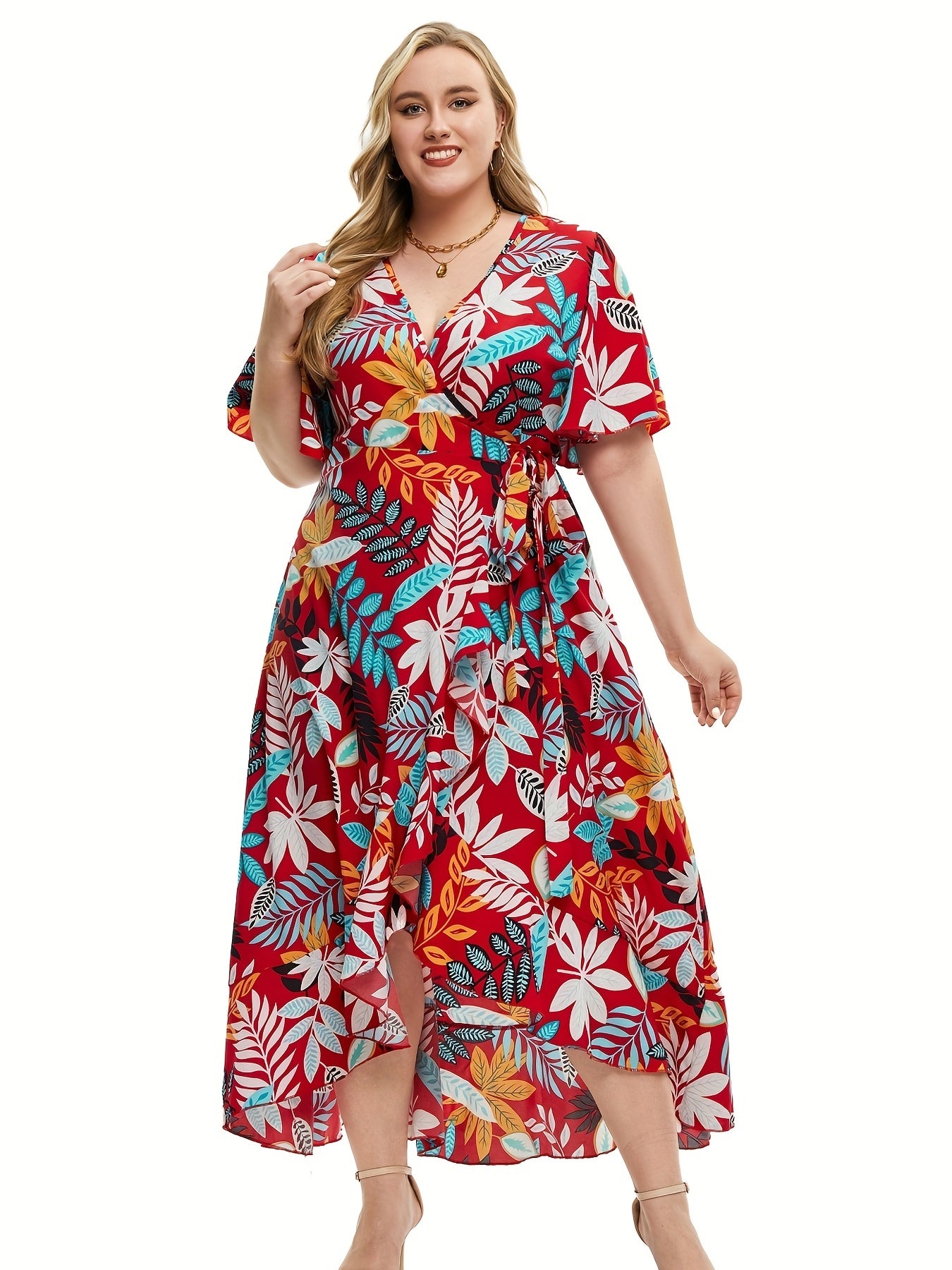  Tropical Print Maxi Dress with Ruffle Trim