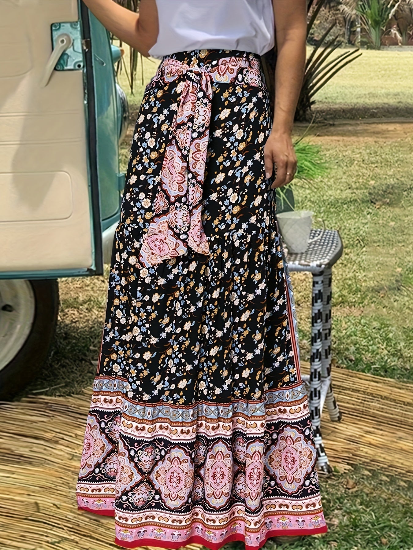 Floral Print Tie Front Skirt Boho Skirt For Spring & Summer