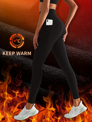 High Waist Fleece Sports Pants With Pocket Seamless Solid Yoga Leggings