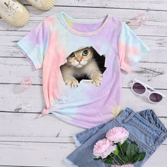 Kitty & Tie Dye Tee for Toddler Girls Short Sleeve Crewneck Summer Top