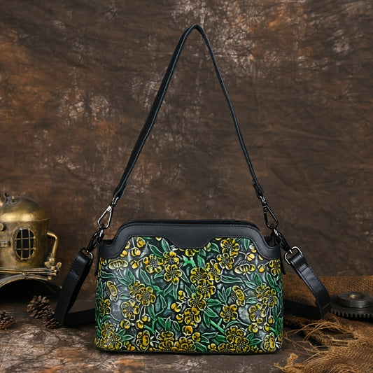 Floral Pattern Leather Crossbody Shoulder Bag Zipper Closure