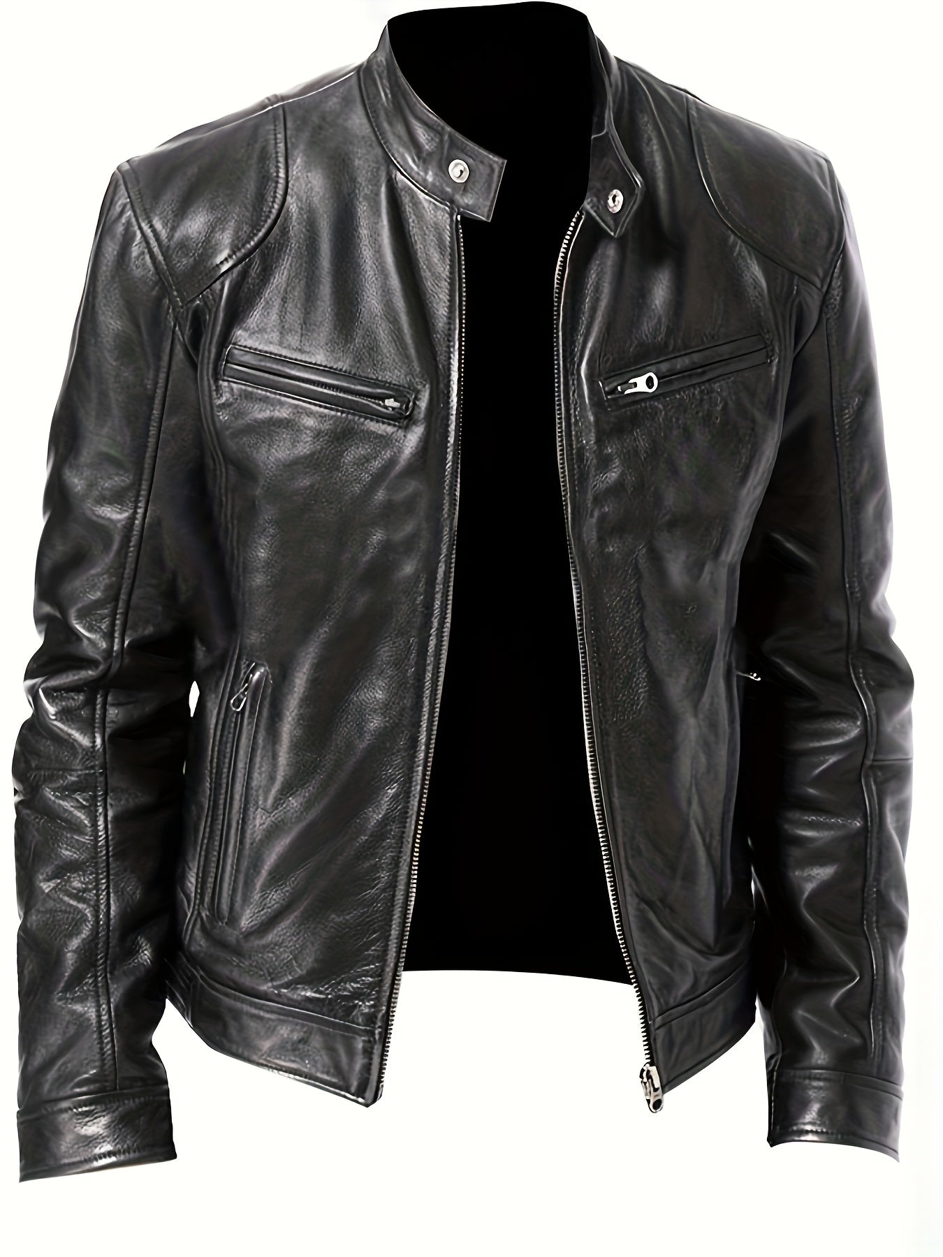 Men's Casual Solid Zip Up Stand Collar Faux Leather Jacket