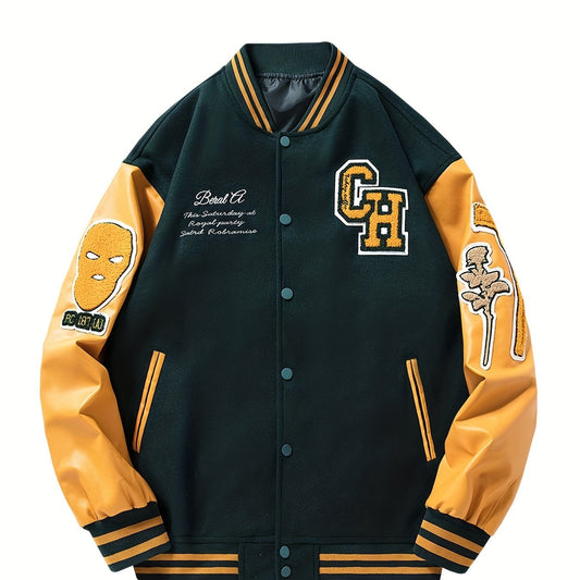 Embroidery Varsity Pu Jacket Men's Casual Faux Leather Jacket